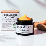 Turmeric Glow nourishing jelly face cream jar with packaging and turmeric roots on a light background
