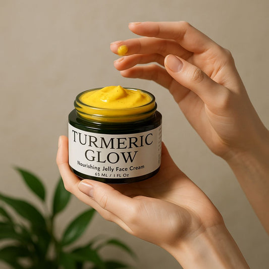 Jar of 'Turmeric Glow' nourishing jelly face cream held by a hand against a neutral background