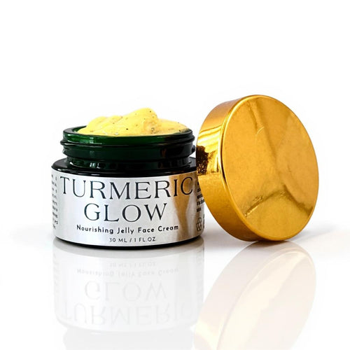 Turmeric Glow jelly face cream jar with gold lid on a white background