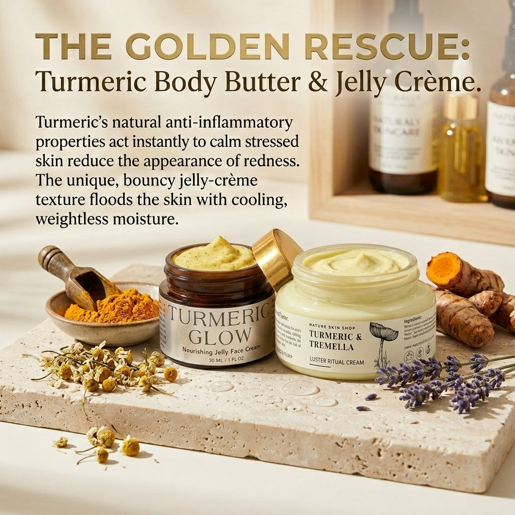 Turmeric body butter and jelly crème with ingredients on a wooden surface
