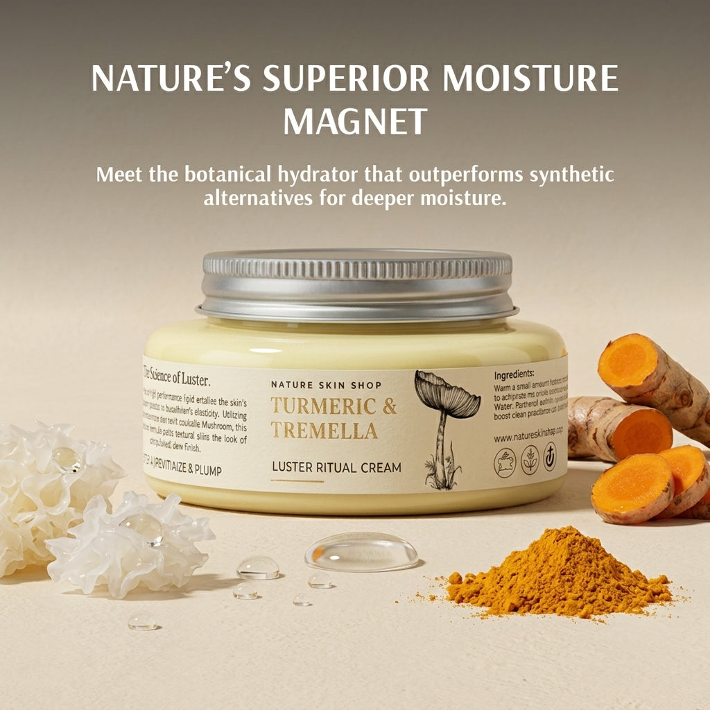 Jar of Luster Ritual Cream with turmeric and tremella ingredients on a beige background