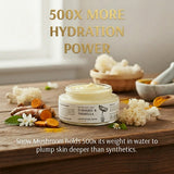 Jar of cream with natural ingredients on a wooden surface, emphasizing hydration power.