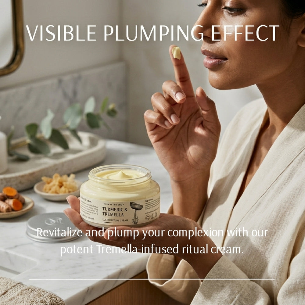 Woman holding a jar of cream with text about a visible plumping effect and Tremella-infused ritual cream.