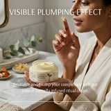 Woman holding a jar of cream with text about a visible plumping effect and Tremella-infused ritual cream.