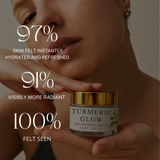 Turmeric Glow face cream jar with text on skin hydration and radiance