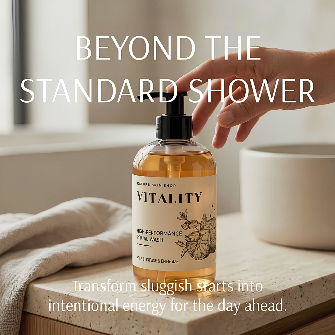 A hand holds a bottle of Nature Skin Shop Vitality High Performance Ritual Wash over a bathroom counter with a towel and bowl, with text overlays reading 'BEYOND THE STANDARD SHOWER' and 'Transform sluggish starts into intentional energy for the day ahead.'.