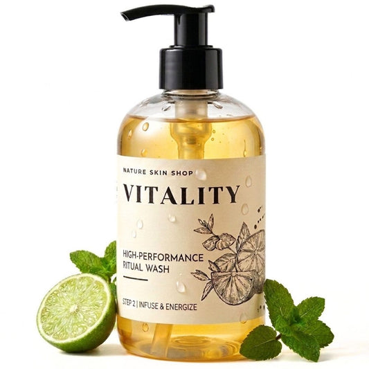A bottle of Nature Skin Shop Vitality High-Performance Ritual Wash with a black pump, filled with golden liquid, styled with a lime half and mint leaves on a white background.