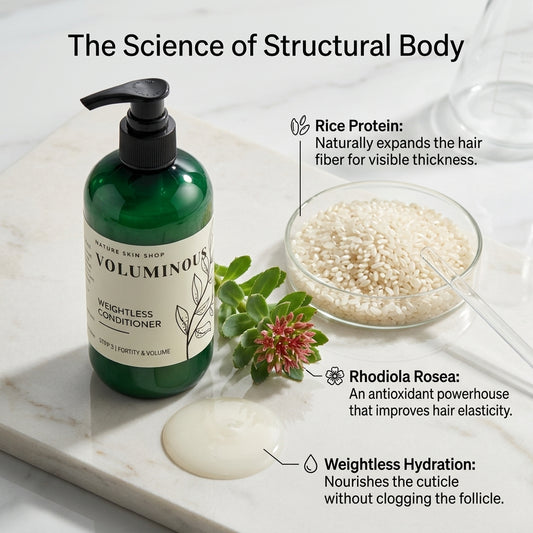 A green pump bottle of VOLUMINOUS Rice Protein Weightless Conditioner sits on a white marble tray beside a glass bowl of rice grains, a drop of cream, and rhodiola rosea leaves, with text overlays explaining hair-enhancing ingredients.