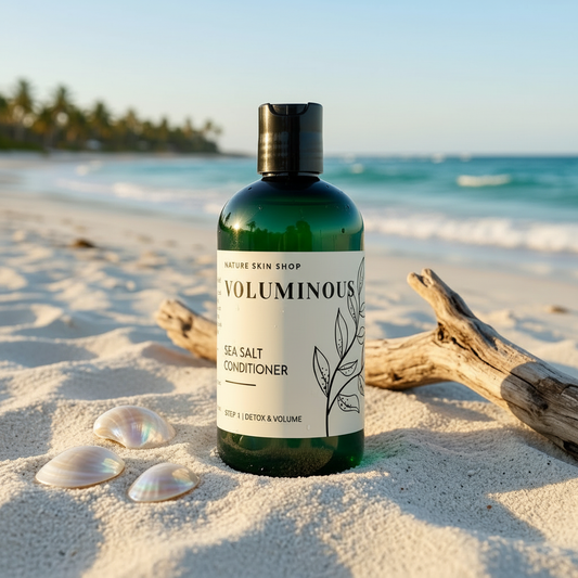 Bottle of 'Voluminous' sea salt conditioner on a sandy beach with ocean and palm trees in the background.