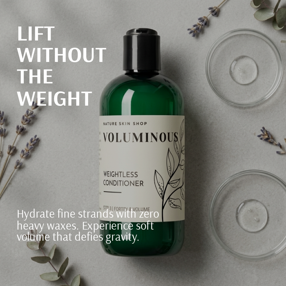 Green bottle of 'Voluminous' conditioner with lavender and leaves on a gray background