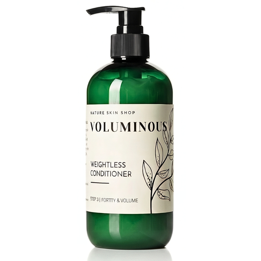 A green translucent pump bottle of Nature Skin Shop Voluminous Weightless Conditioner, featuring a cream-colored label with black text and botanical line art, set against a plain white background.