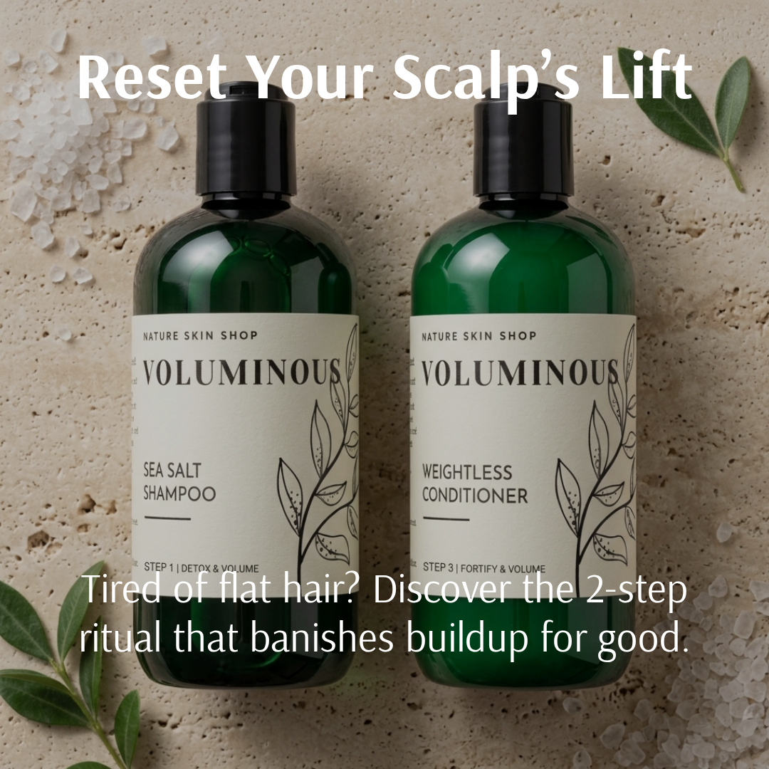 Two bottles of 'Voluminous' shampoo and conditioner on a textured beige background with text promoting hair care.