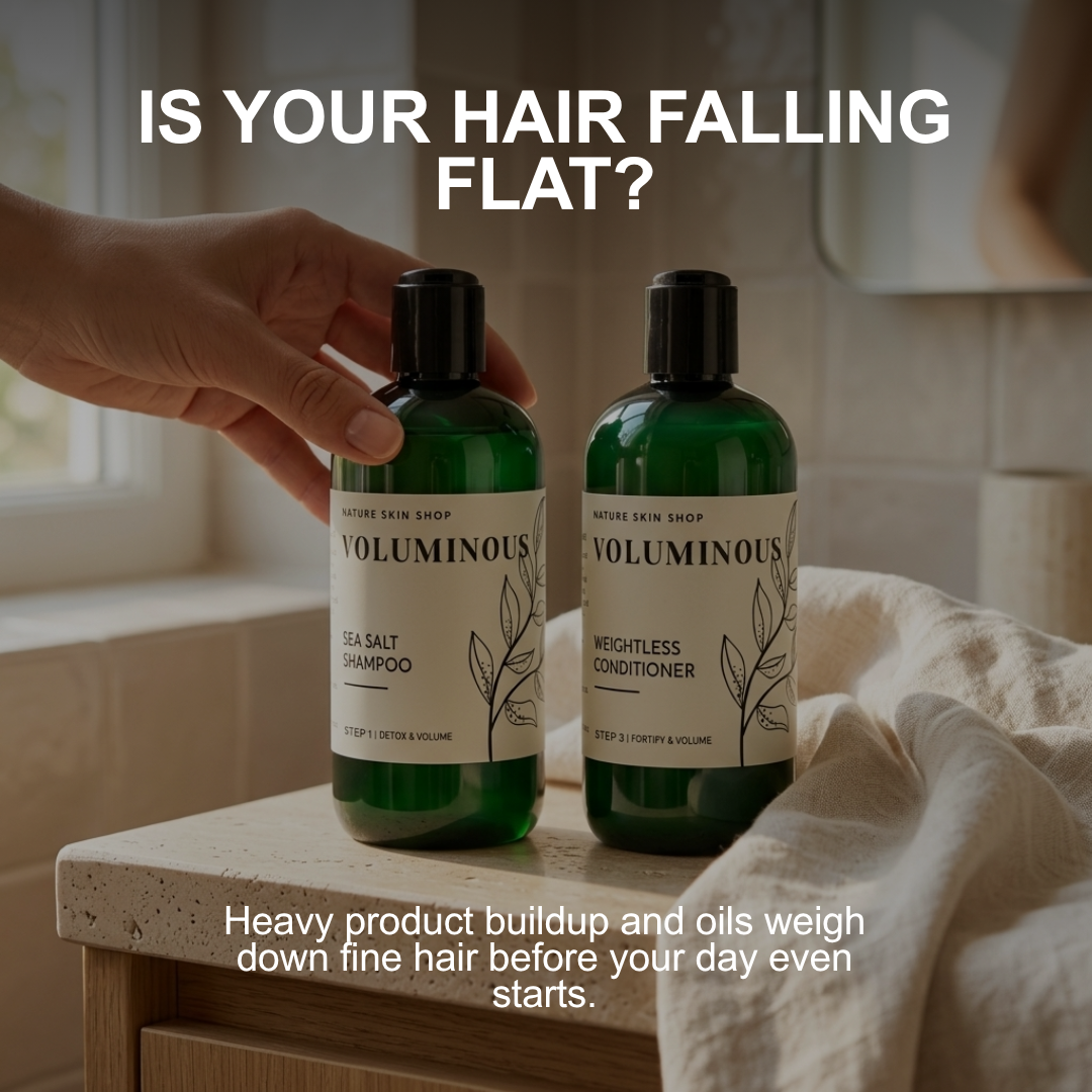 Two bottles of Voluminous shampoo and conditioner on a bathroom counter with text about hair falling flat.