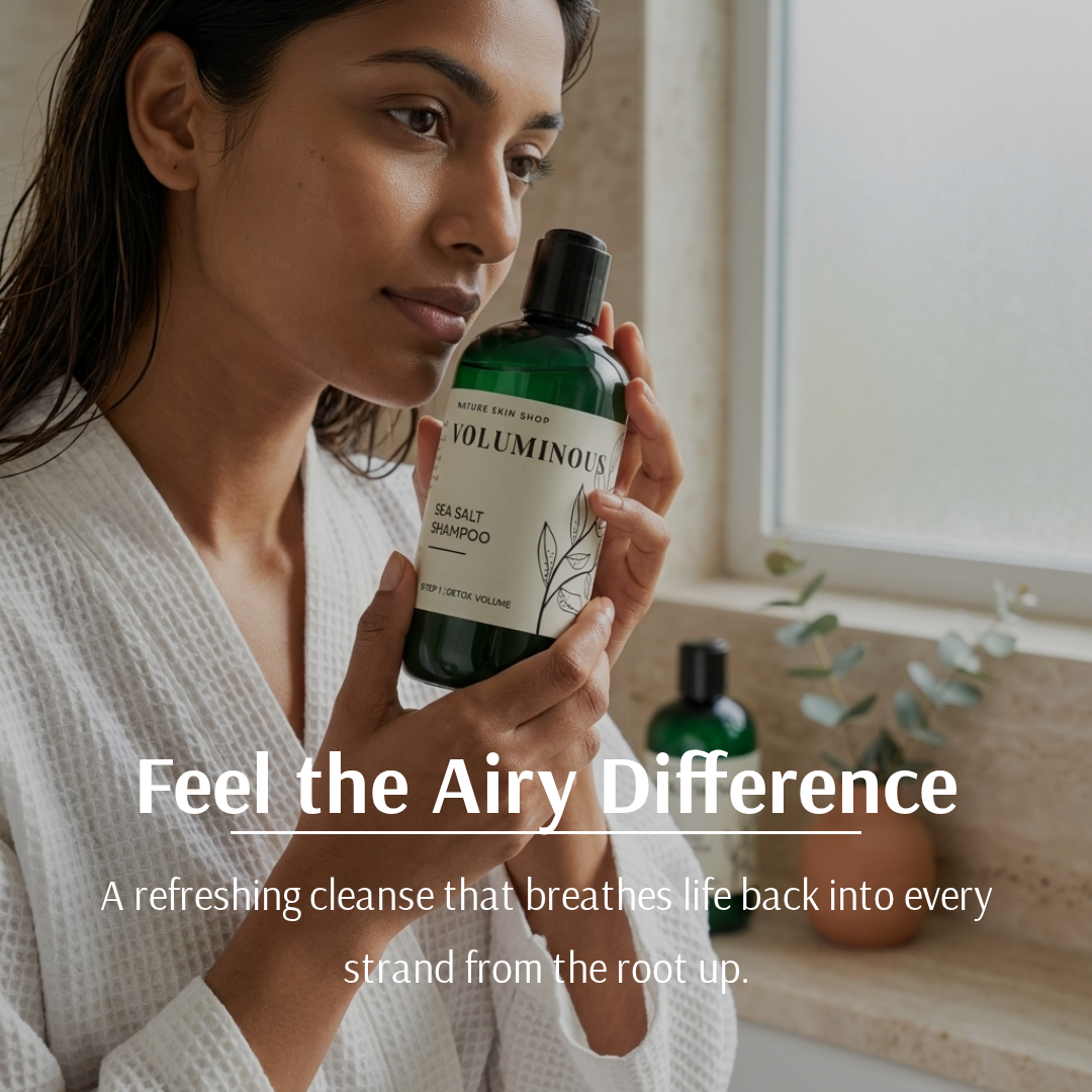 Woman holding a bottle of 'Voluminous' shampoo with text about its benefits.