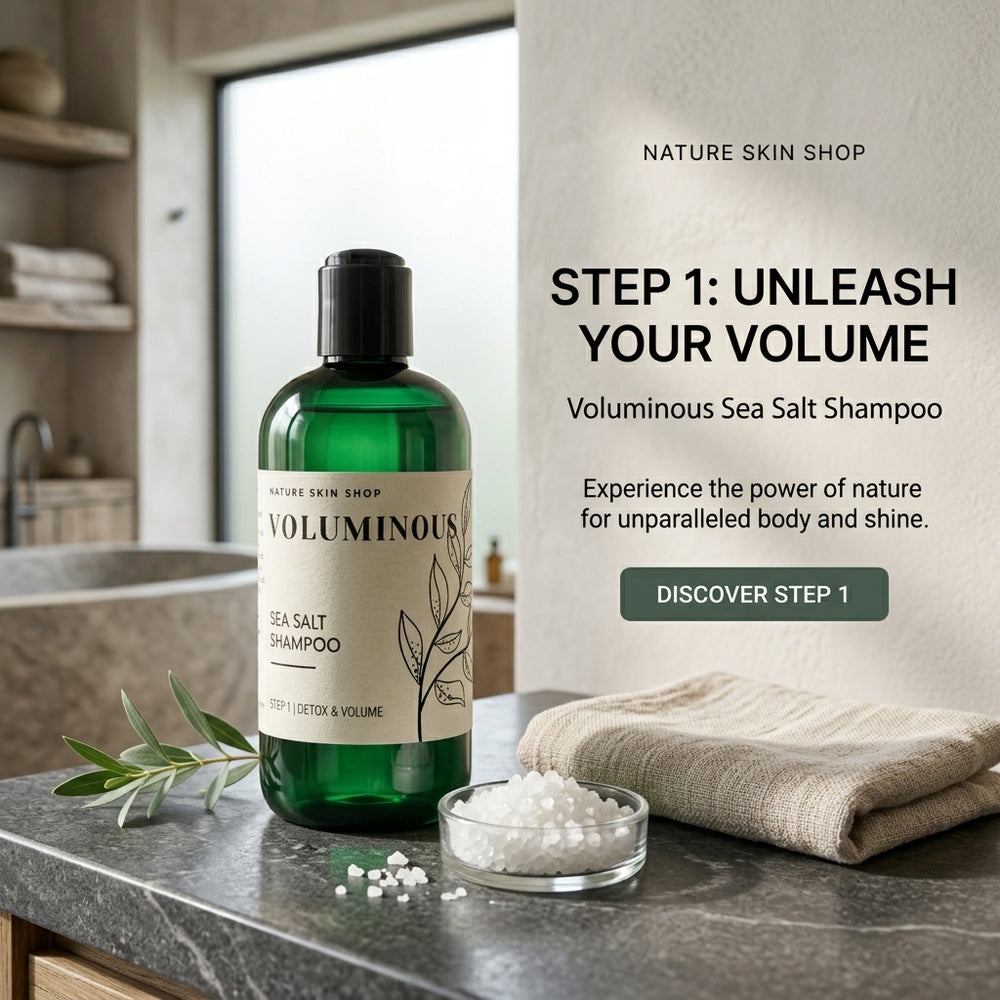 A bottle of Nature Skin Shop Voluminous Sea Salt Shampoo stands on a dark stone countertop in a bathroom setting, with a folded beige towel, a small dish of white shampoo granules, and a green leaf sprig nearby. Text on the right reads 'STEP 1: UNLEASH YOUR VOLUME' and 'Voluminous Sea Salt Shampoo' with a 'DISCOVER STEP 1' button.