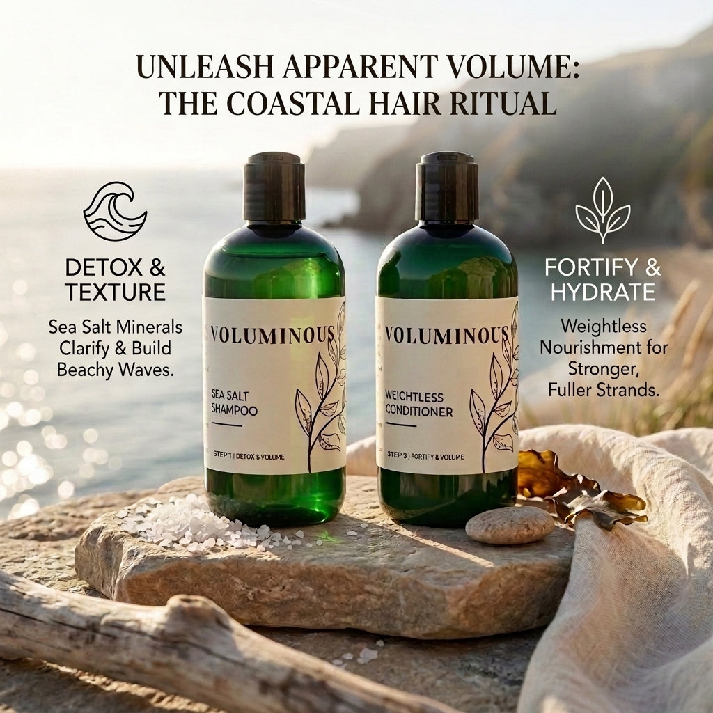 Two green hair care bottles labeled VOLUMINOUS Sea Salt Shampoo and Weightless Conditioner, placed on a stone beside sea salt and driftwood with ocean scenery in the background. Text above reads 'UNLEASH APPARENT VOLUME: THE COASTAL HAIR RITUAL' with feature callouts for detox/texture and fortify/hydrate.