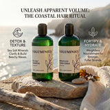 Two green hair care bottles labeled VOLUMINOUS Sea Salt Shampoo and Weightless Conditioner, placed on a stone beside sea salt and driftwood with ocean scenery in the background. Text above reads 'UNLEASH APPARENT VOLUME: THE COASTAL HAIR RITUAL' with feature callouts for detox/texture and fortify/hydrate.