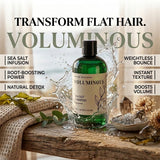 A bottle of Nature's Skin Shop Voluminous Sea Salt Shampoo is shown in a splash of water on a rustic wooden table, surrounded by decorative elements like dried flowers, a burlap cloth, and text overlays highlighting product benefits.