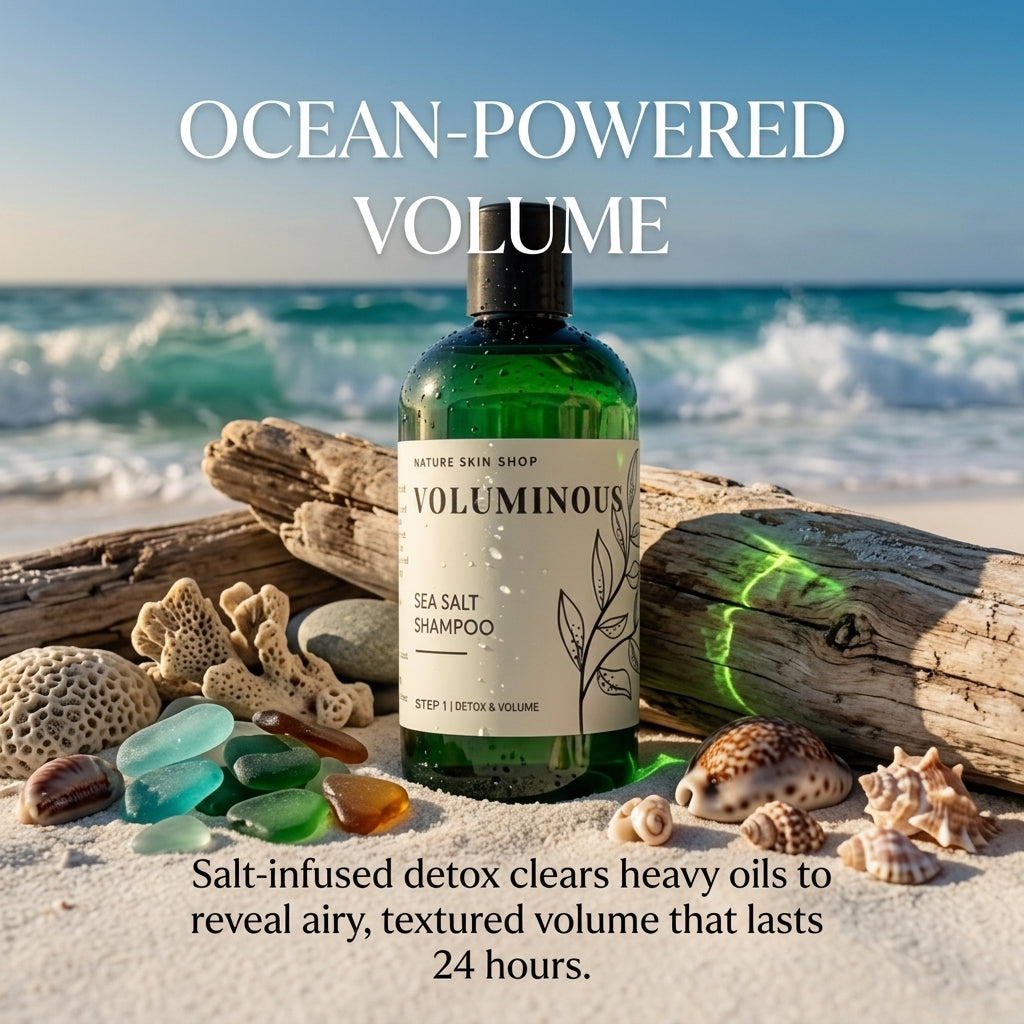 A green bottle of VOLUMINOUS Sea Salt Shampoo from Nature's Skin Shop is displayed on a sandy beach with driftwood, seashells, and colorful sea glass. The background shows ocean waves under a blue sky, with promotional text overlays reading 'OCEAN-POWERED VOLUME' and 'Salt-infused detox clears heavy oils to reveal airy, textured volume that lasts 24 hours.