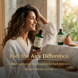A woman in a white bathrobe holds a bottle of hair product in a bright bathroom setting. Two dark green bottles labeled ALEEMNURS are visible on the windowsill, with promotional text overlaid at the bottom.