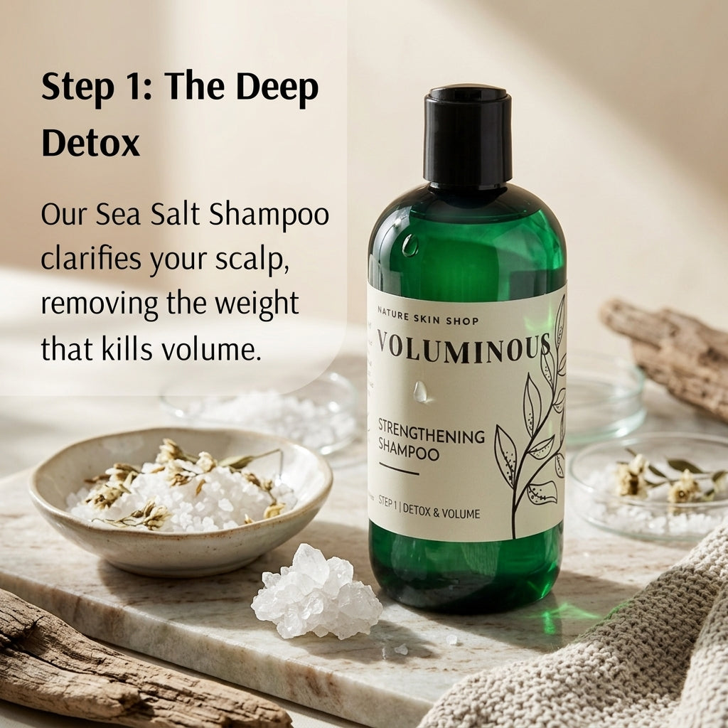 A bottle of Nature Skin Shop Voluminous Sea Salt Shampoo stands on a marble tray with decorative bath salts, dried flowers, and a knit cloth. Text on the left reads 'Step 1: The Deep Detox' and describes the shampoo's scalp-clearing benefits.