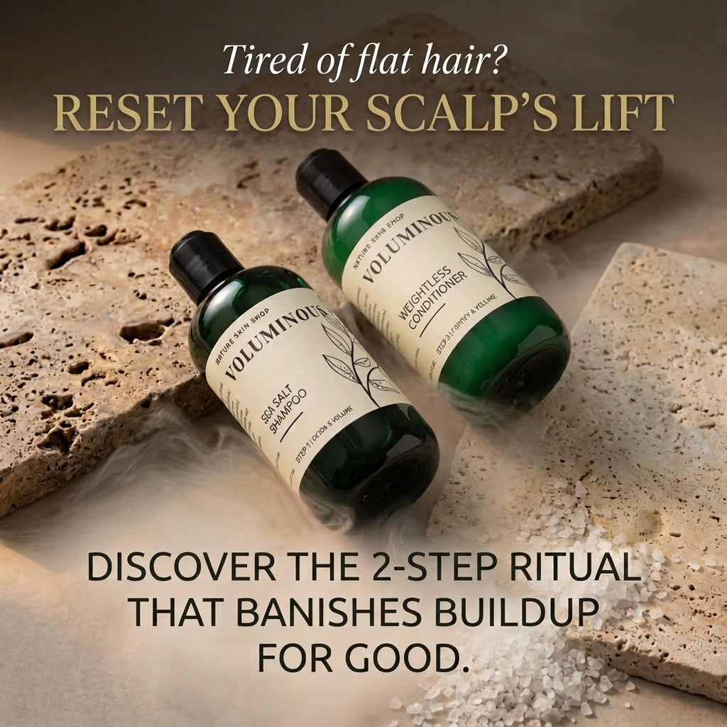 Two green VOLUMINQUE hair care bottles labeled Hair Salt Shampoo and Hairless Conditioner, styled on stone with promotional text about scalp lift and hair buildup.