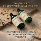 Two green VOLUMINQUE hair care bottles labeled Hair Salt Shampoo and Hairless Conditioner, styled on stone with promotional text about scalp lift and hair buildup.