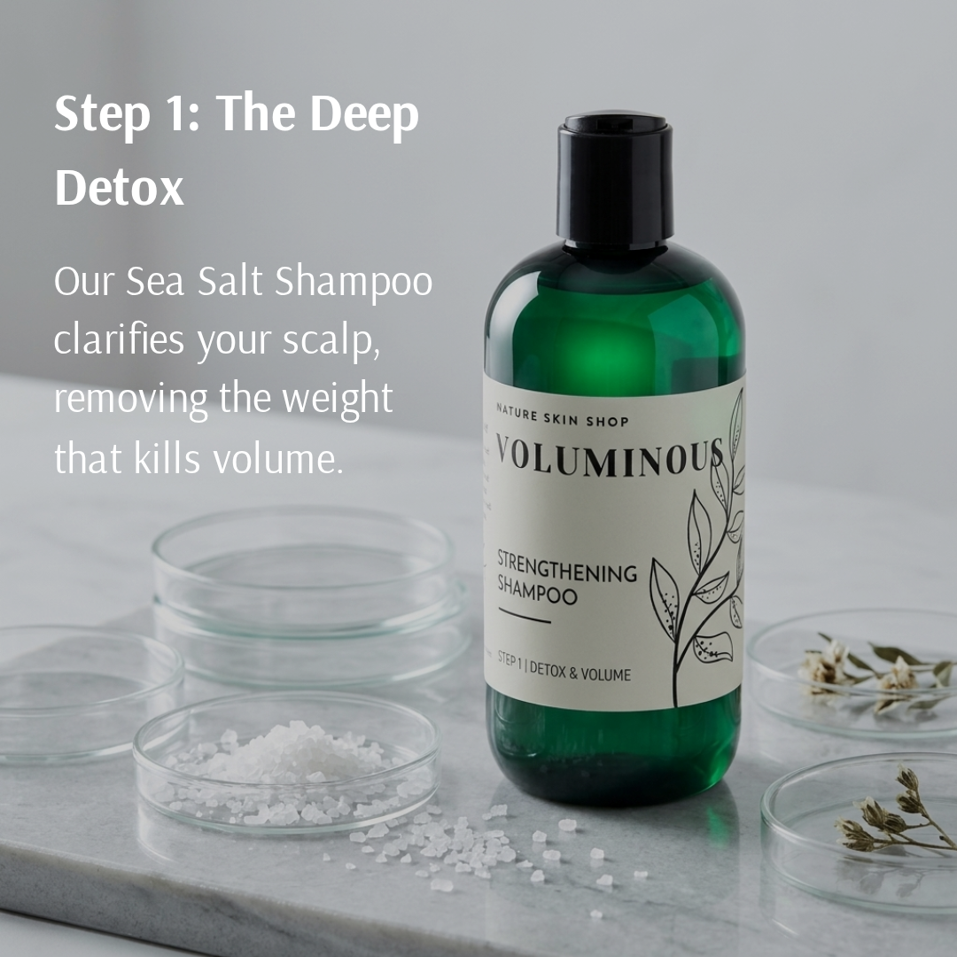 Voluminous shampoo bottle on a marble surface with text about deep detox and sea salt shampoo.