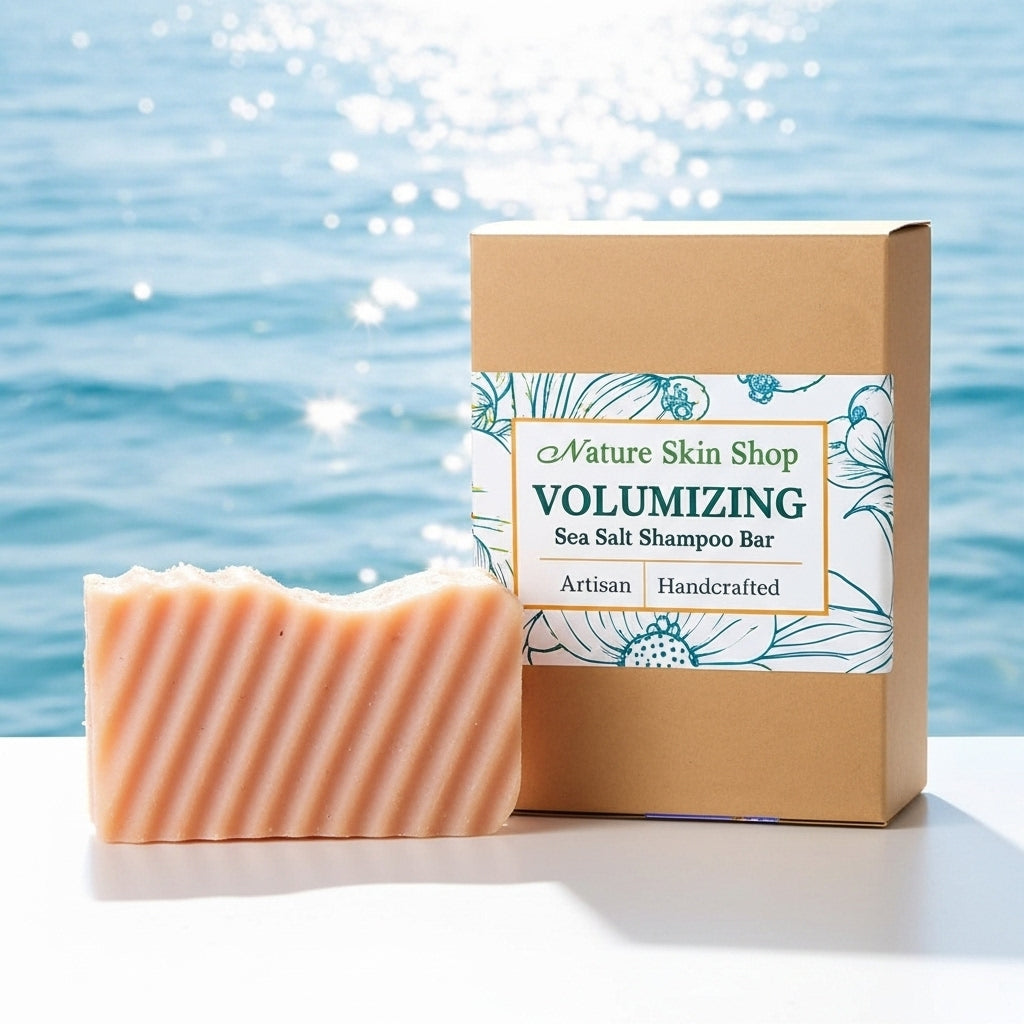 Volumizing Sea Salt Shampoo Bar from Nature Skin Shop with packaging against a sparkling water background