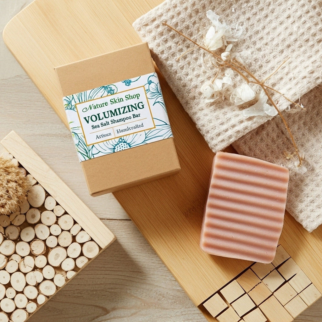 Volumizing shampoo bar with packaging on a wooden surface