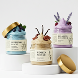 Three skincare products with decorative elements on a white background