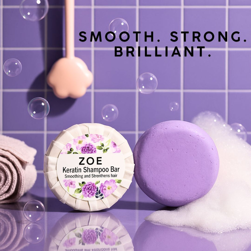 ZOE Keratin Shampoo Bar with a purple bar on a purple grid background with bubbles.