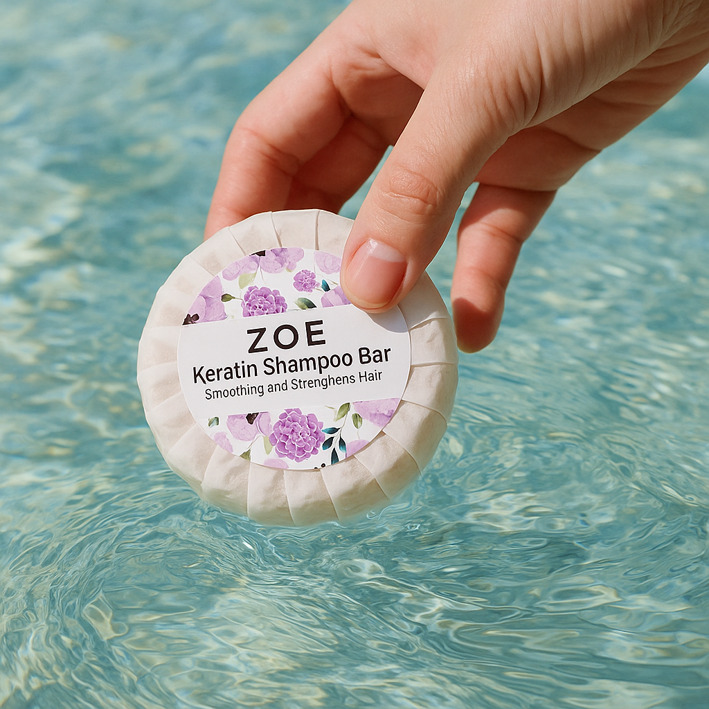 Hand holding a Zoe Keratin Shampoo Bar over water