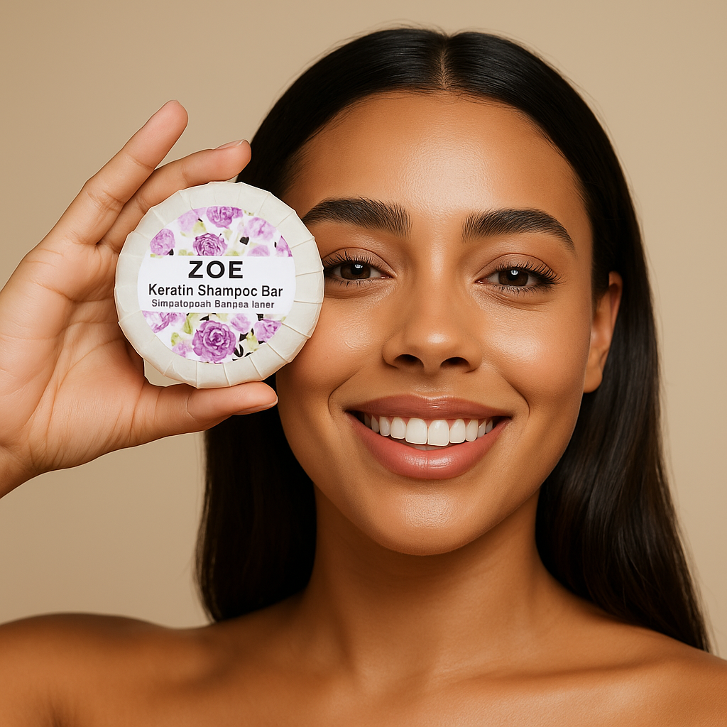 Woman holding a Zoe Keratin Shampoo Bar with a beige background