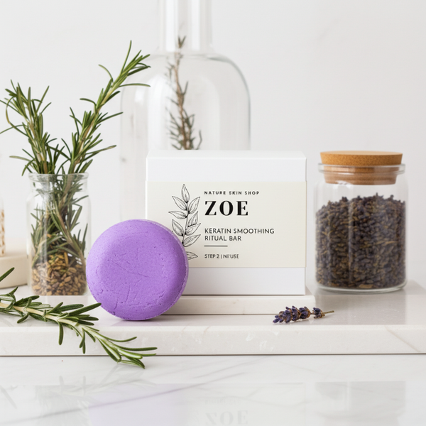 Purple bath bomb with a jar of lavender and rosemary on a white surface