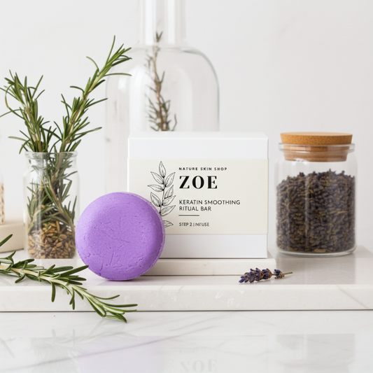 Purple bath bomb with a jar of lavender and rosemary on a white surface